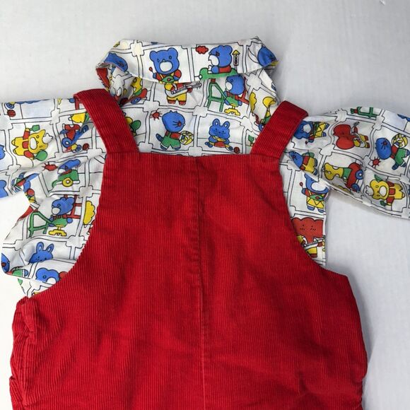 Vintage Petit Jouet Overalls Red Corduroy Animals Boy Girl Set 2 Piece 6-9 Mo - Picture 6 of 14
